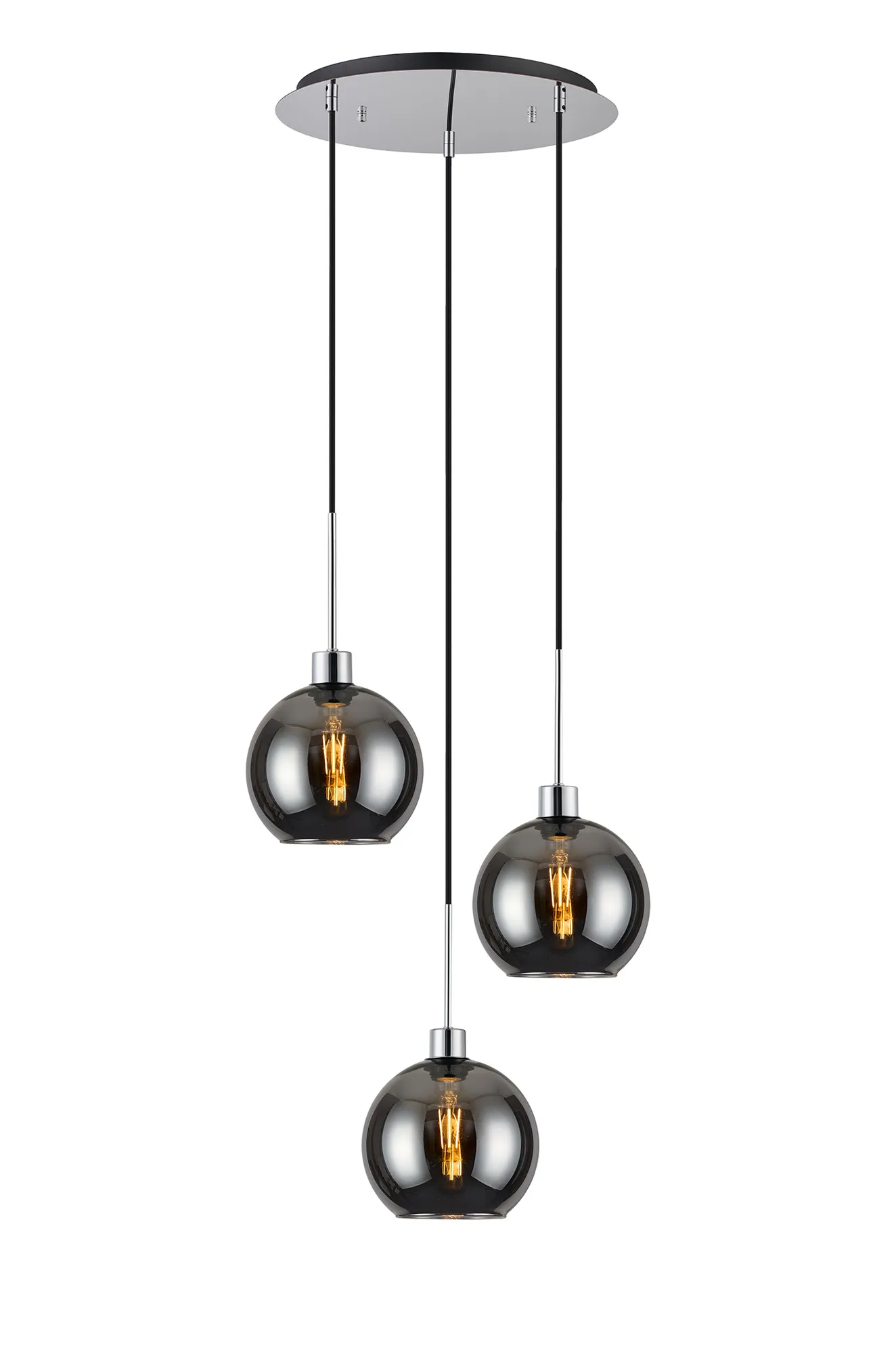 DK1271  Lori cm Round Pendant, 3 Light Adjustable E27, Polished Chrome/Chrome Open Mouth Round Globe Shades